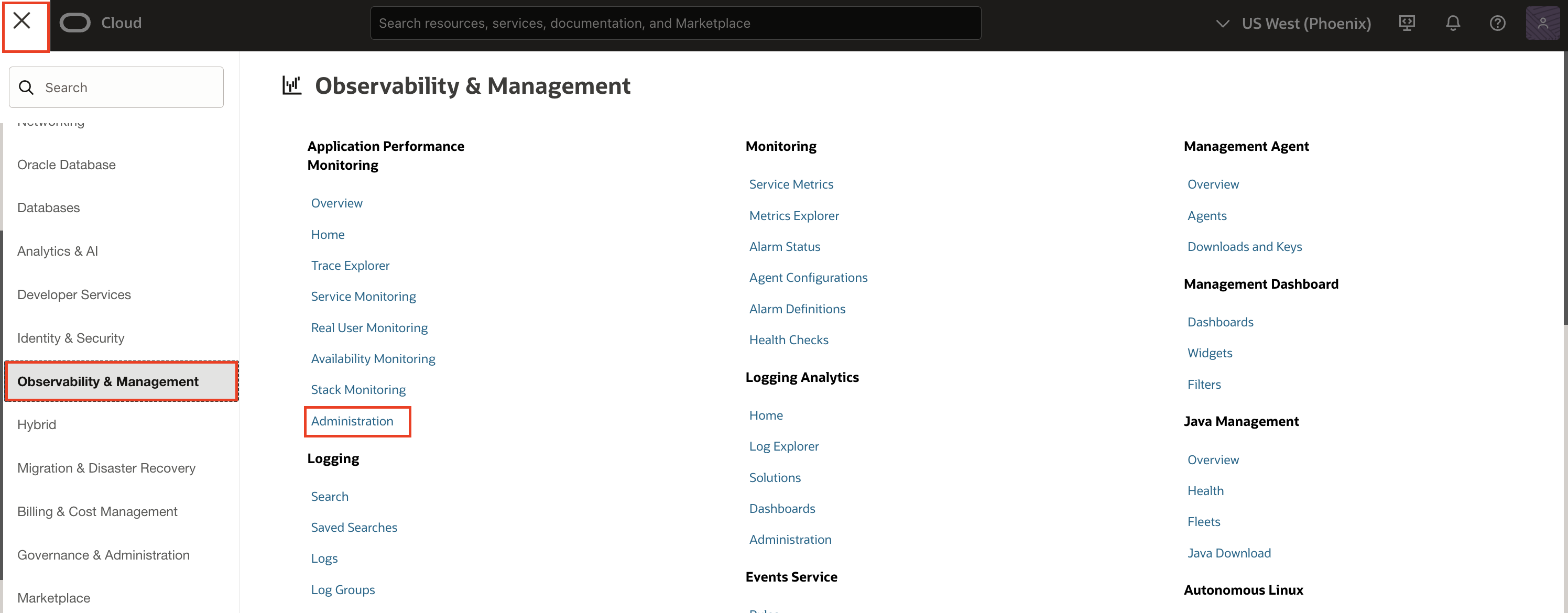 APM Administration menu